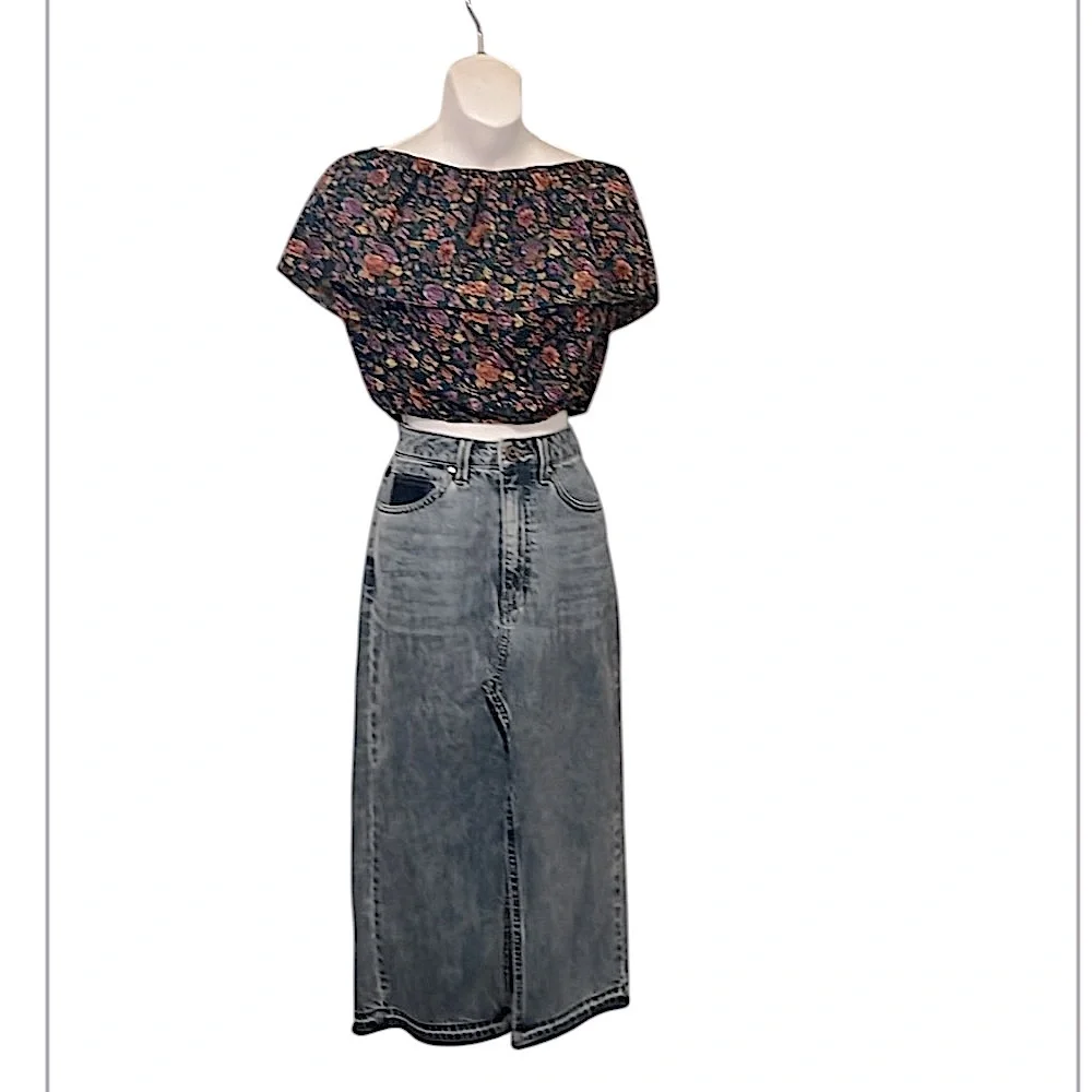Guess Women’s Distressed Vintage Blue Denim Boho Jean Midi Maxi Skirt  Sz 26